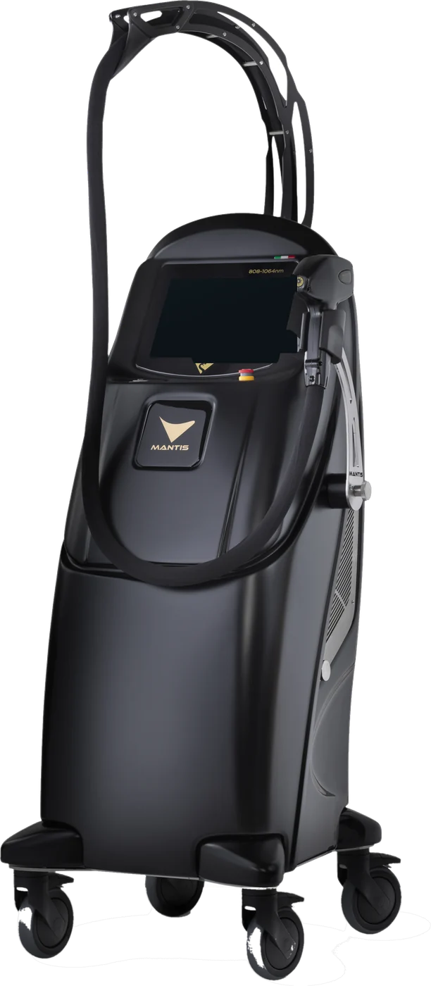 BLACK TRIPLE, medizinischer Diodenlaser von MANTIS, ganzes Gerät mit Bügel und Rollen, Produktfoto