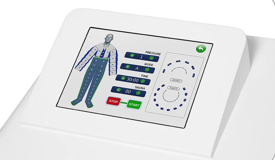 Touchscreen des VENOVA 36 mit Druck, Programm, Zeit, Wärmestufe und Körpergrafik, Produktabbildung