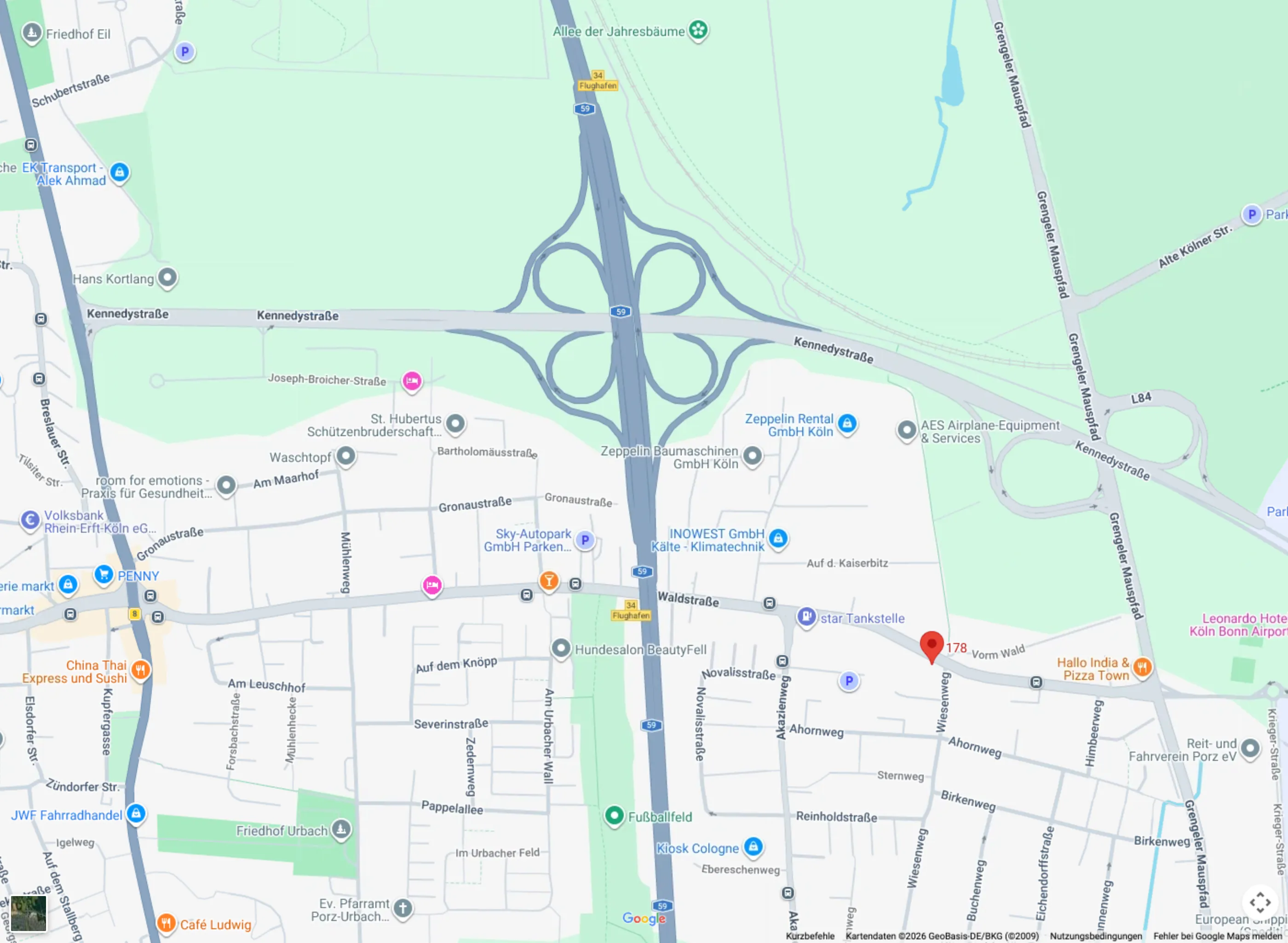Kartenausschnitt aus Google Maps: WELLCOTEC in der Waldstraße 178 in Köln-Porz, nahe der Kennedystraße und der A 59